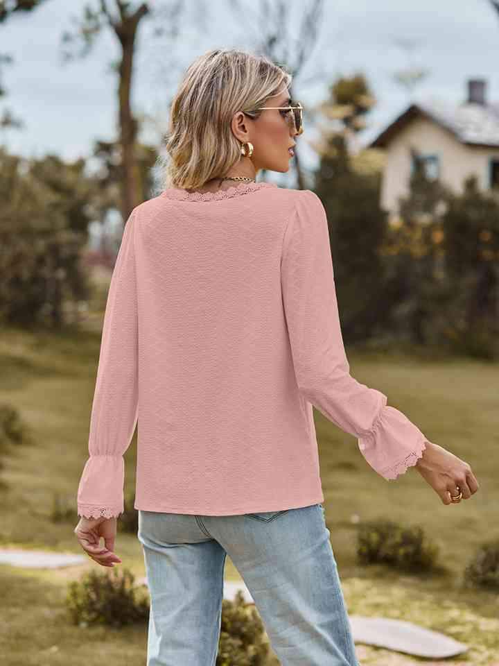 V-Neck Flounce Sleeve Blouse Blouses - Tophatter Daily Deals