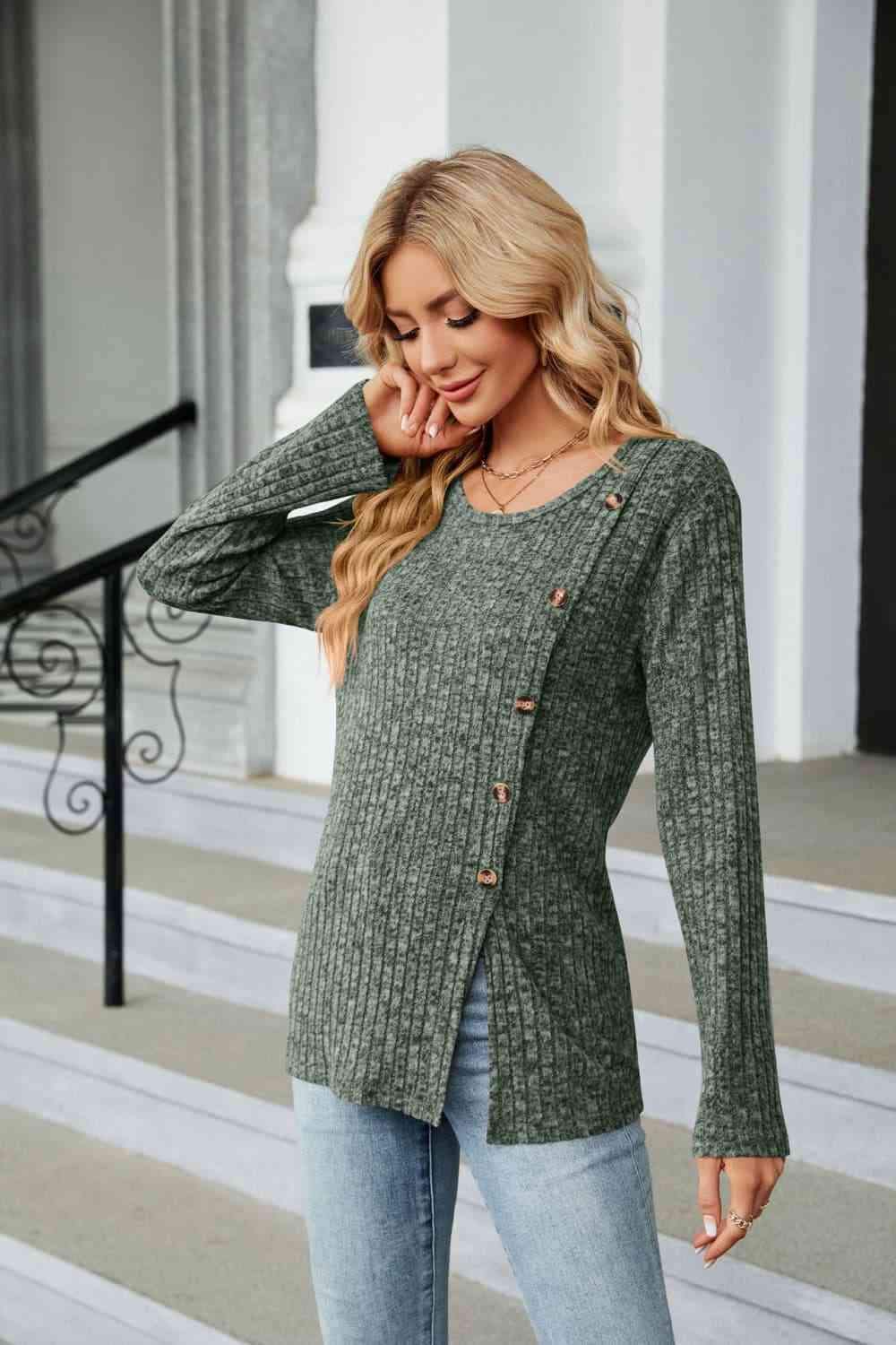 Buttoned Long Sleeve Slit Top Blouses - Tophatter Daily Deals