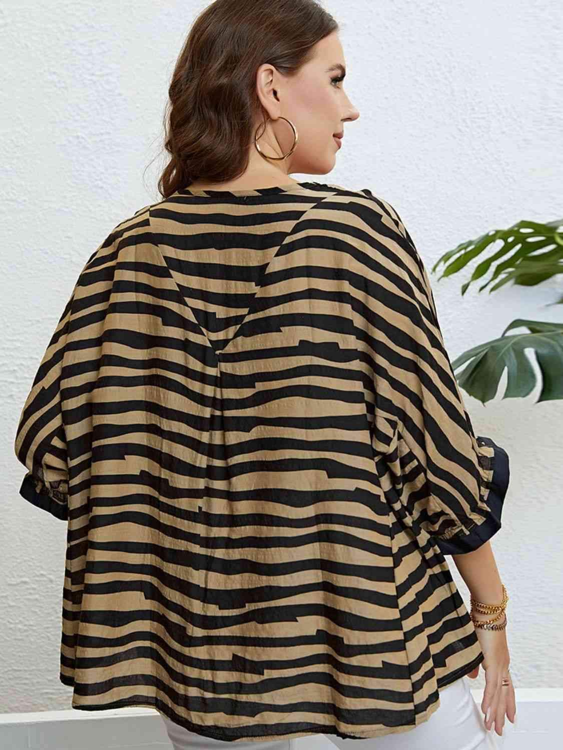 Plus Size Striped Three-Quarter Sleeve Boat Neck Top Blouses - Tophatter Daily Deals