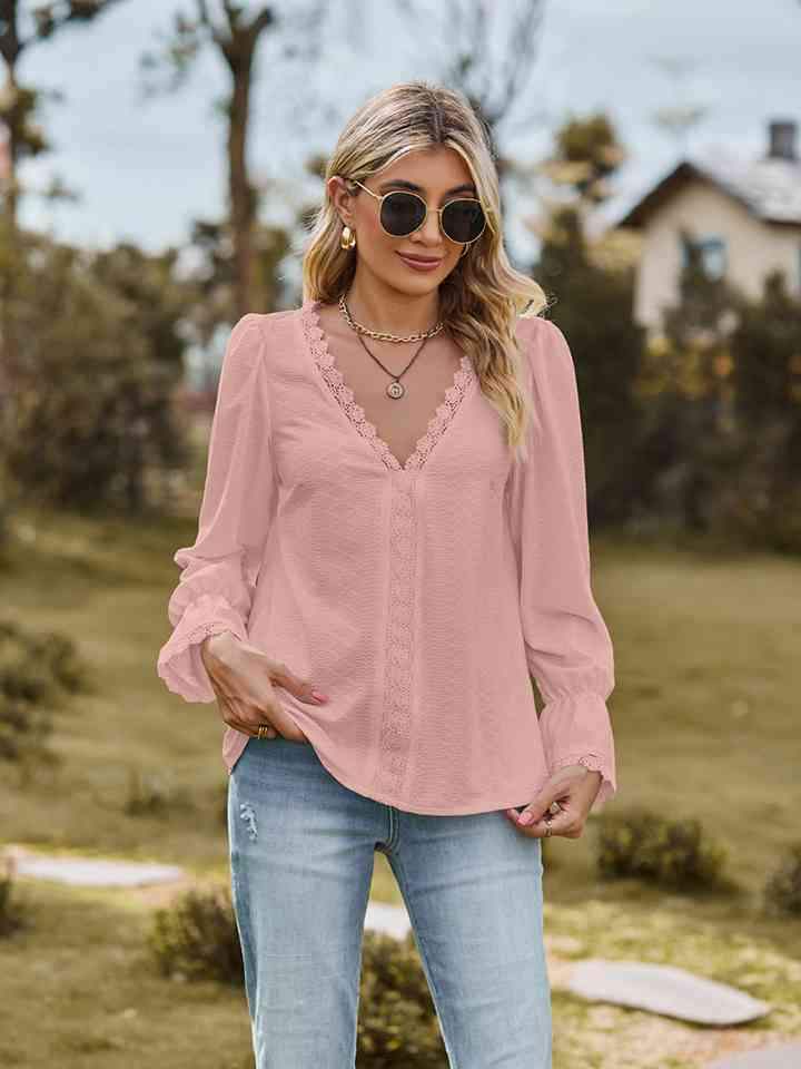 V-Neck Flounce Sleeve Blouse Blouses - Tophatter Daily Deals