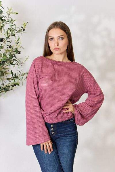 Culture Code Full Size Waffle-Knit Round Neck Long Sleeve Blouse DARK ROSE Blouses - Tophatter Daily Deals