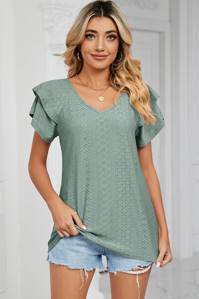 Eyelet V-Neck Short Sleeve T-Shirt Gum Leaf Women's T-Shirts - Tophatter Daily Deals