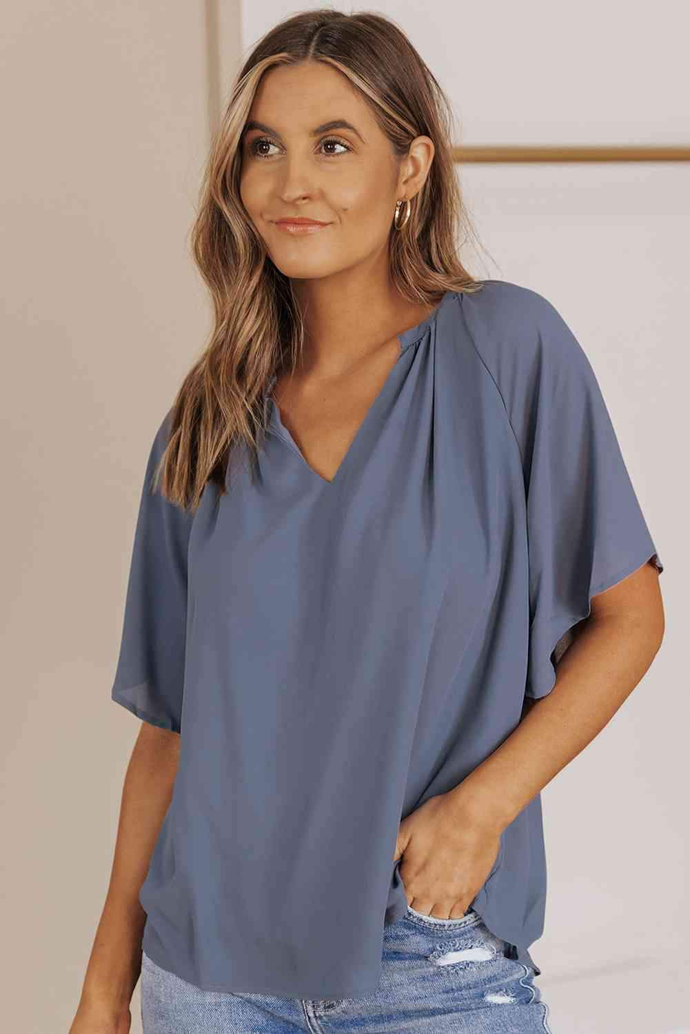 Gathered Detail Notched Neck Flutter Sleeve Top Blouses - Tophatter Daily Deals