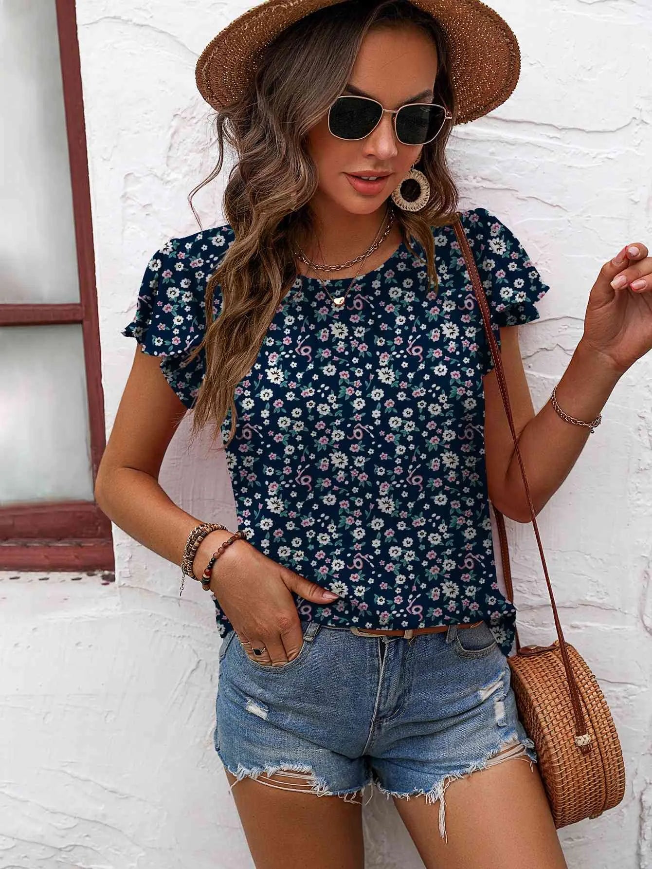 Textured Flutter Sleeve Blouse Navy Blouses - Tophatter Daily Deals