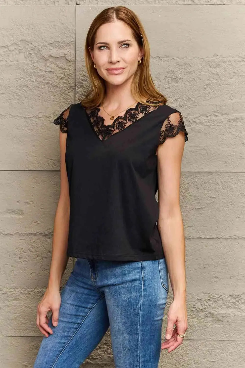 Lace Trim Cap Sleeve Blouse Black Blouses - Tophatter Daily Deals