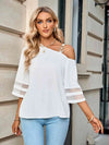 Asymmetrical Neck Sheer Striped Flare Sleeve Blouse White Blouses - Tophatter Daily Deals