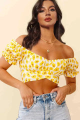 Flower Print Ruffle Trim Off-Shoulder Back Tie Blouse Banana Yellow Blouses - Tophatter Daily Deals