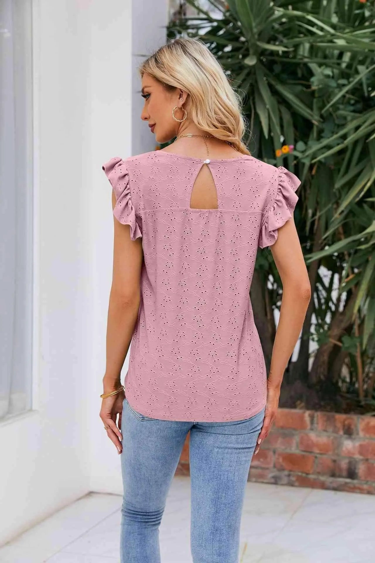 V-Neck Flutter Sleeve Eyelet Top Blouses - Tophatter Daily Deals