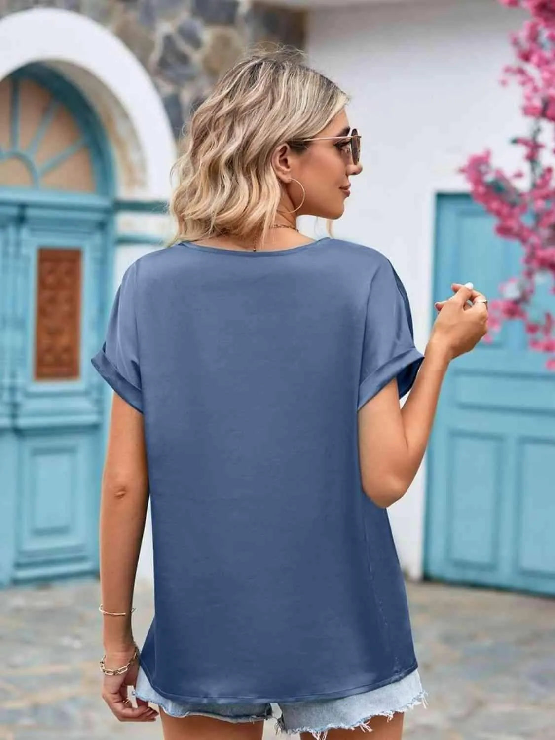 V-Neck Cuffed Blouse Blouses - Tophatter Daily Deals