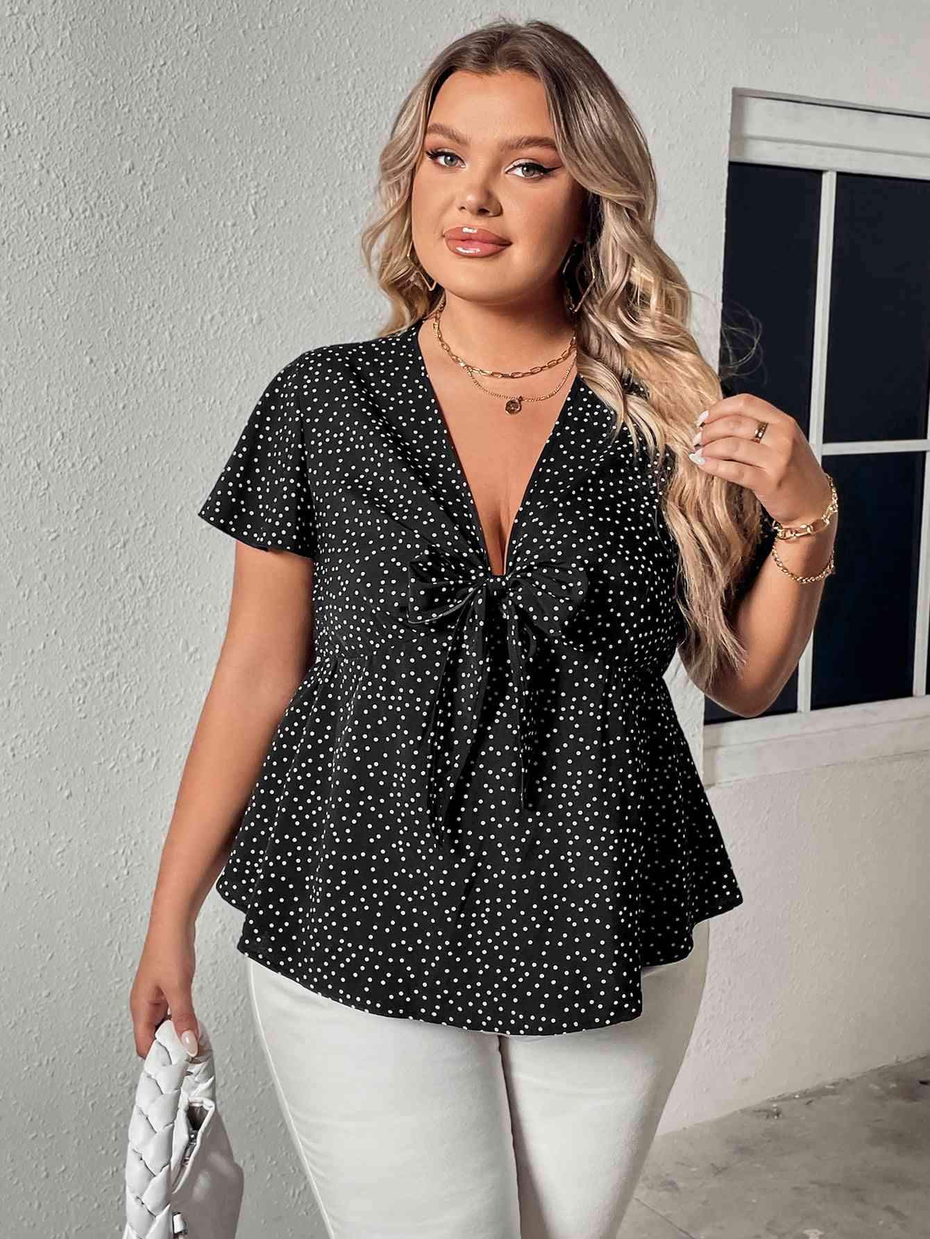 Plus Size V-Neck Front Bow Flutter Sleeve Blouse Black Blouses - Tophatter Daily Deals