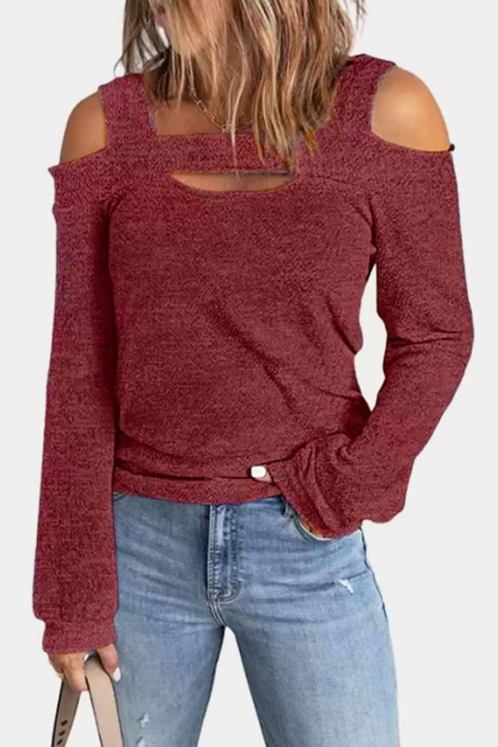 Full Size Cutout Cold Shoulder Blouse Deep Red Blouses - Tophatter Daily Deals