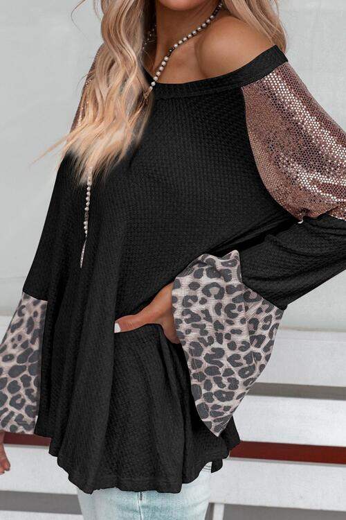 Leopard V-Neck Long Sleeve Top Blouses - Tophatter Daily Deals