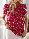 Printed Petal Sleeve Round Neck Blouse Deep Red Blouses - Tophatter Daily Deals