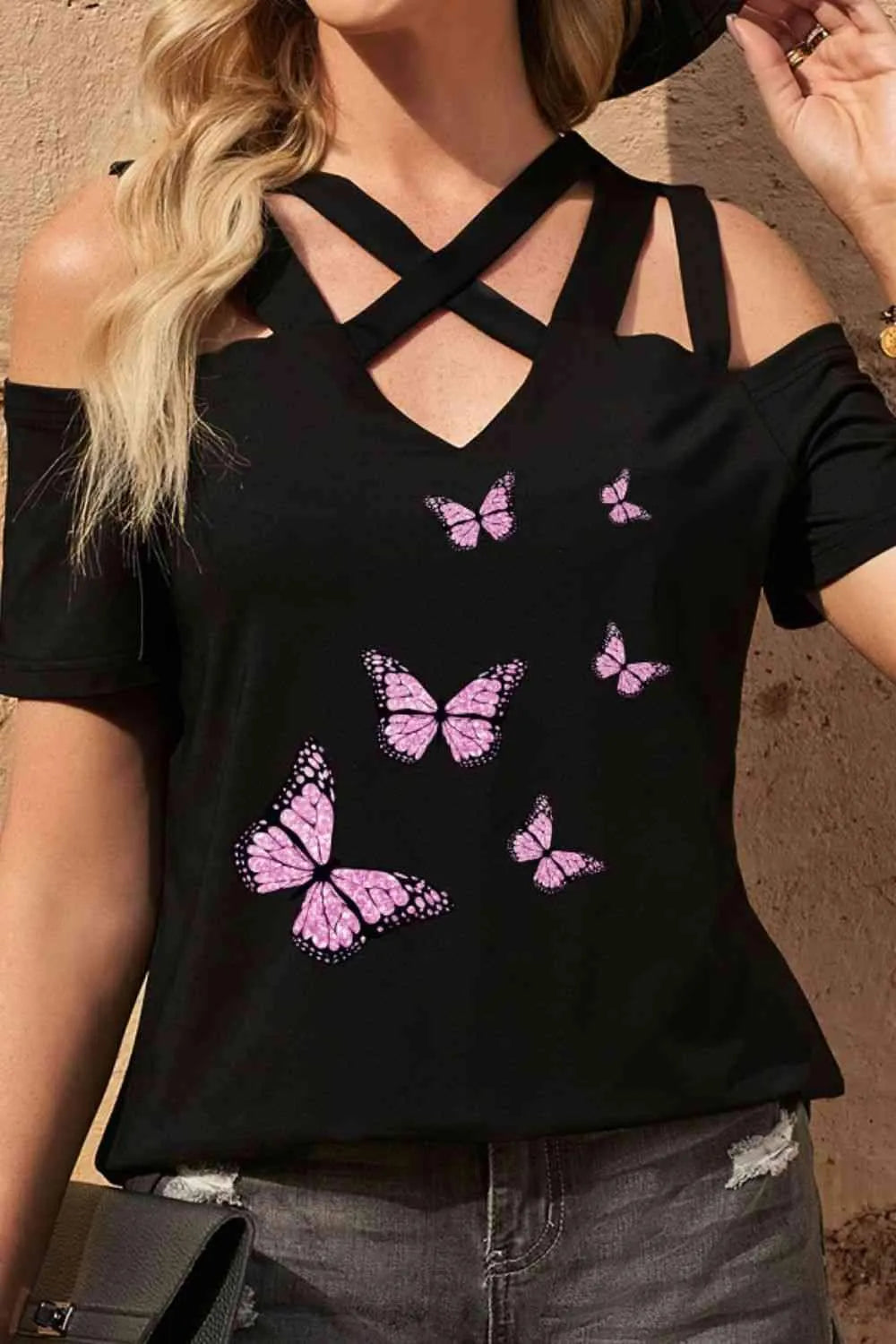 Butterfly Graphic Strappy Cold-Shoulder Top Blouses - Tophatter Daily Deals