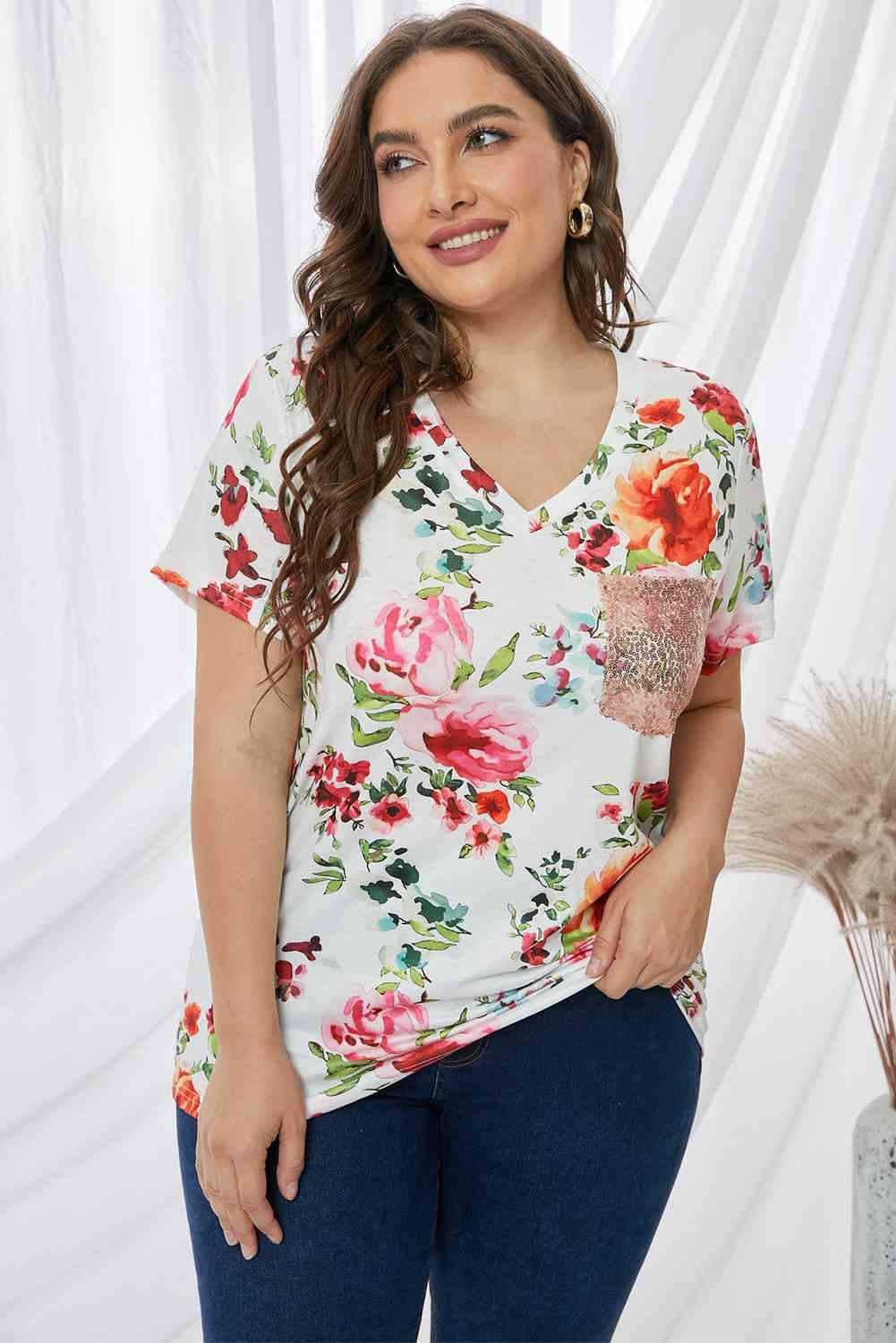 Plus Size Floral Print Sequin Pocket Tee White Women's T-Shirts - Tophatter Daily Deals