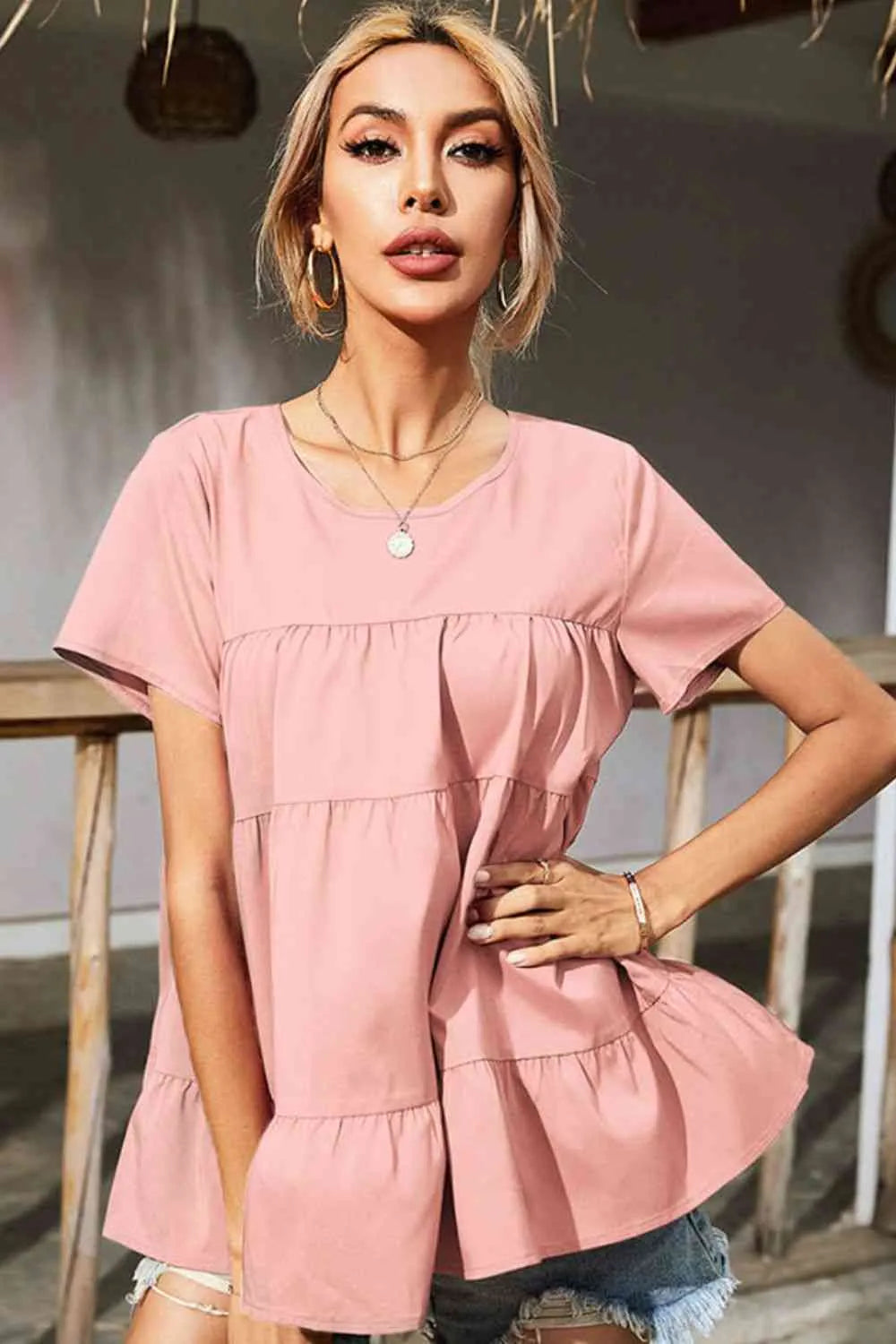 Round Neck Short Sleeve Tiered Blouse Blush Pink Blouses - Tophatter Daily Deals