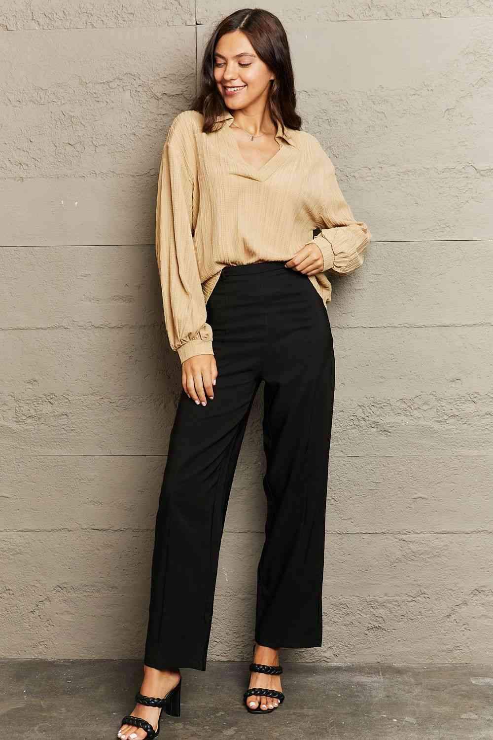 Textured Johnny Collar Drop Shoulder Blouse Blouses - Tophatter Daily Deals