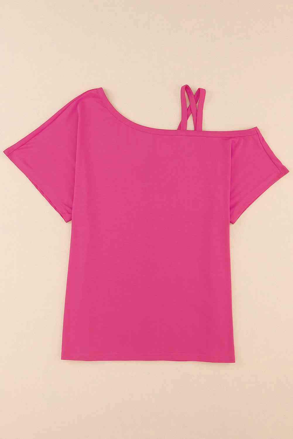 Crisscross Asymmetrical Neck Short Sleeve Top Hot Pink Blouses - Tophatter Daily Deals