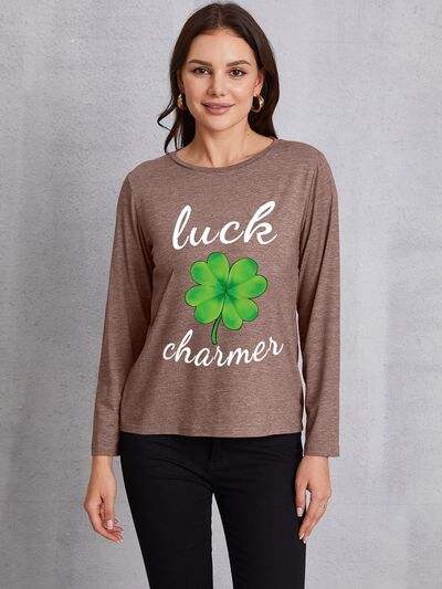 LUCK CHARMER Lucky Clover Round Neck T-Shirt Mocha Women's T-Shirts - Tophatter Daily Deals