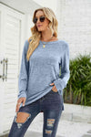 Heathered Slit Long Raglan Sleeve Top Blue Women's T-Shirts - Tophatter Daily Deals