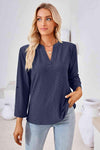 V-Neck Roll-Tap Sleeve Blouse Navy Blouses - Tophatter Daily Deals