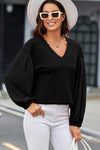 Waffle -Knit V-Neck Long Sleeve Blouse Black Blouses - Tophatter Daily Deals