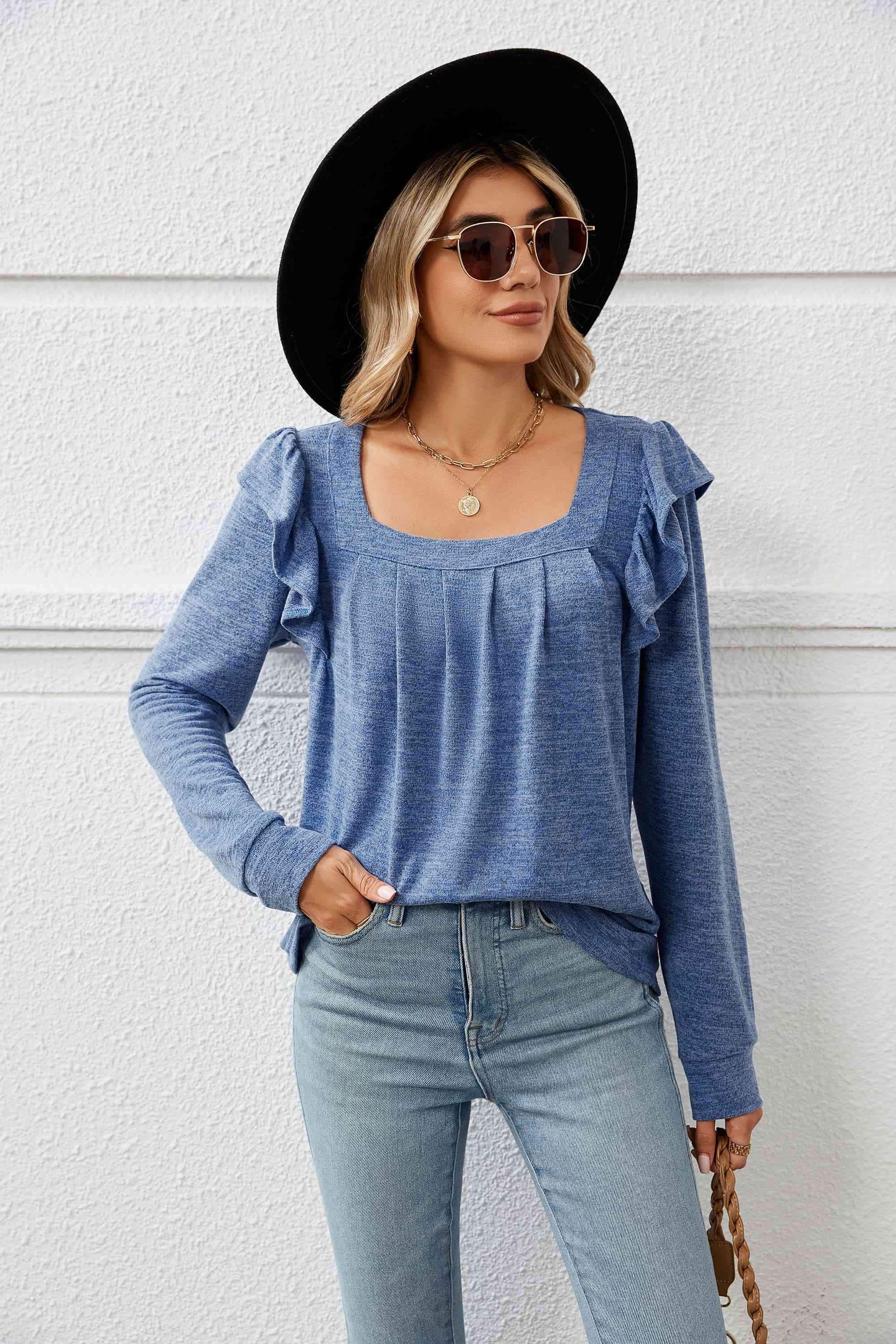 Square Neck Ruffle Shoulder Long Sleeve T-Shirt Dusty Blue Women's T-Shirts - Tophatter Daily Deals