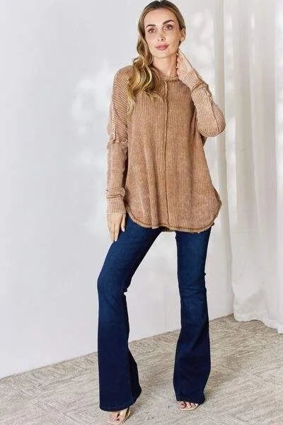 Zenana Oversized Washed Waffle Long Sleeve Top Blouses - Tophatter Daily Deals