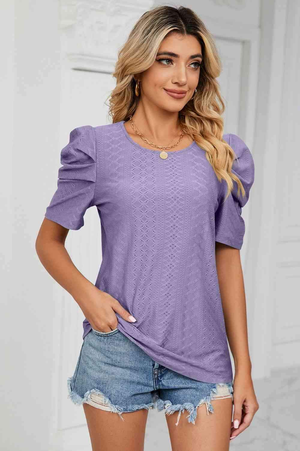 Eyelet Puff Sleeve Round Neck Blouse Blouses - Tophatter Daily Deals