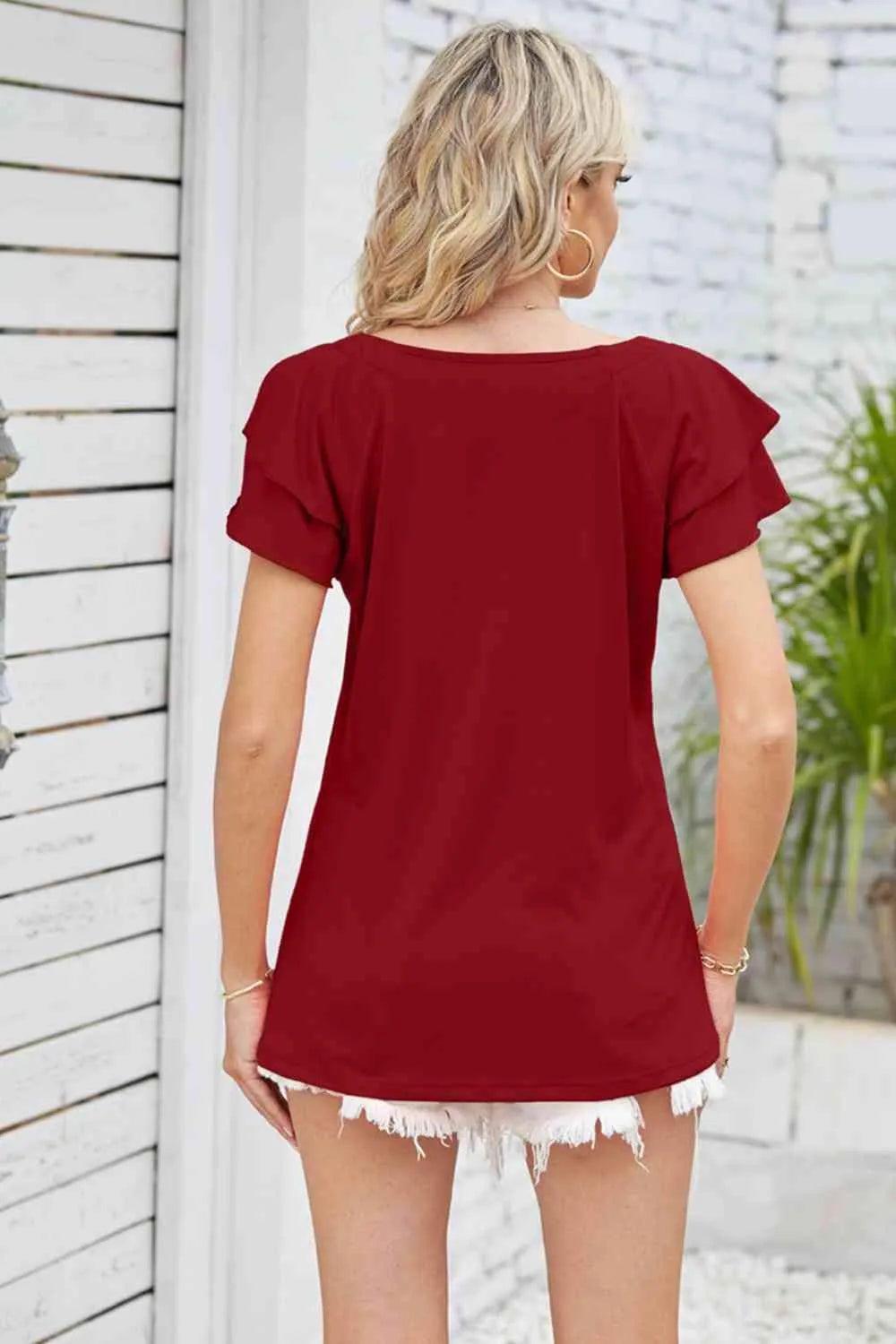 Square Neck Flutter Sleeve Top Blouses - Tophatter Daily Deals