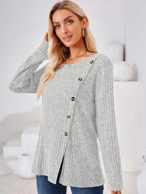 Ribbed Buttoned Round Neck Slit T-Shirt Women's T-Shirts - Tophatter Daily Deals