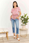 Double Take Bohemian Decorative Button Tie-Neck Peplum Blouse Blouses - Tophatter Daily Deals