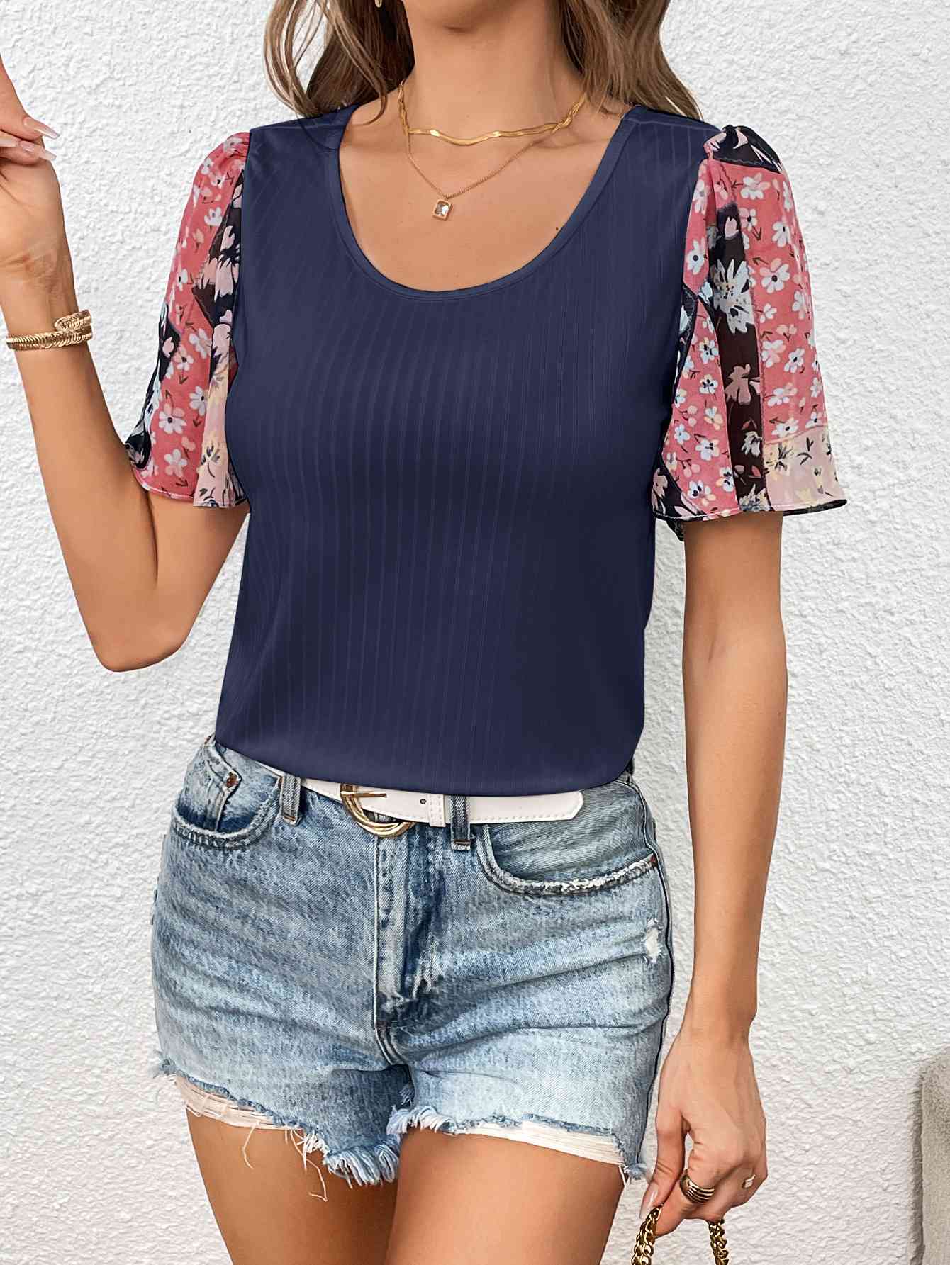 Printed Puff Sleeve Round Neck Tee Navy Women's T-Shirts - Tophatter Daily Deals