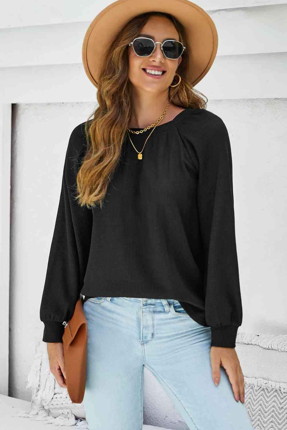 Waffle-Knit Long Raglan Sleeve Top Blouses - Tophatter Daily Deals