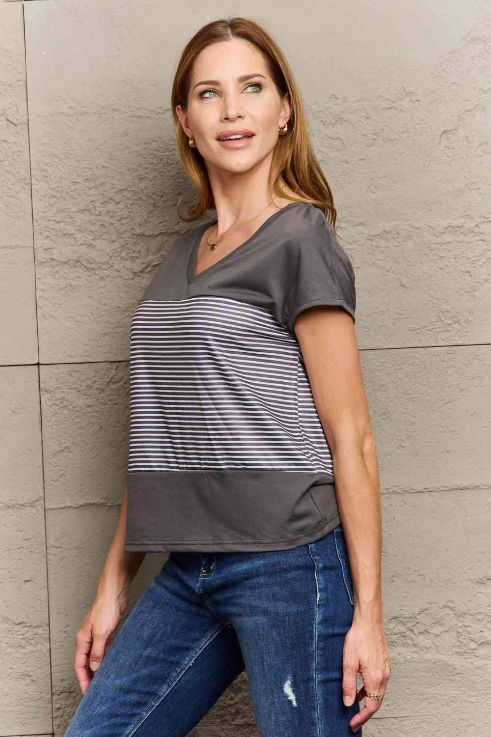 Striped V-Neck Short Sleeve T-Shirt Women's T-Shirts - Tophatter Daily Deals