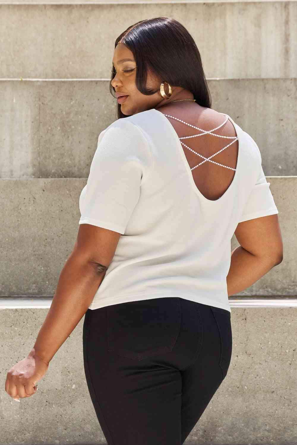 And The Why Pearly White Full Size Criss Cross Pearl Detail Open Back T-Shirt Women's T-Shirts - Tophatter Daily Deals