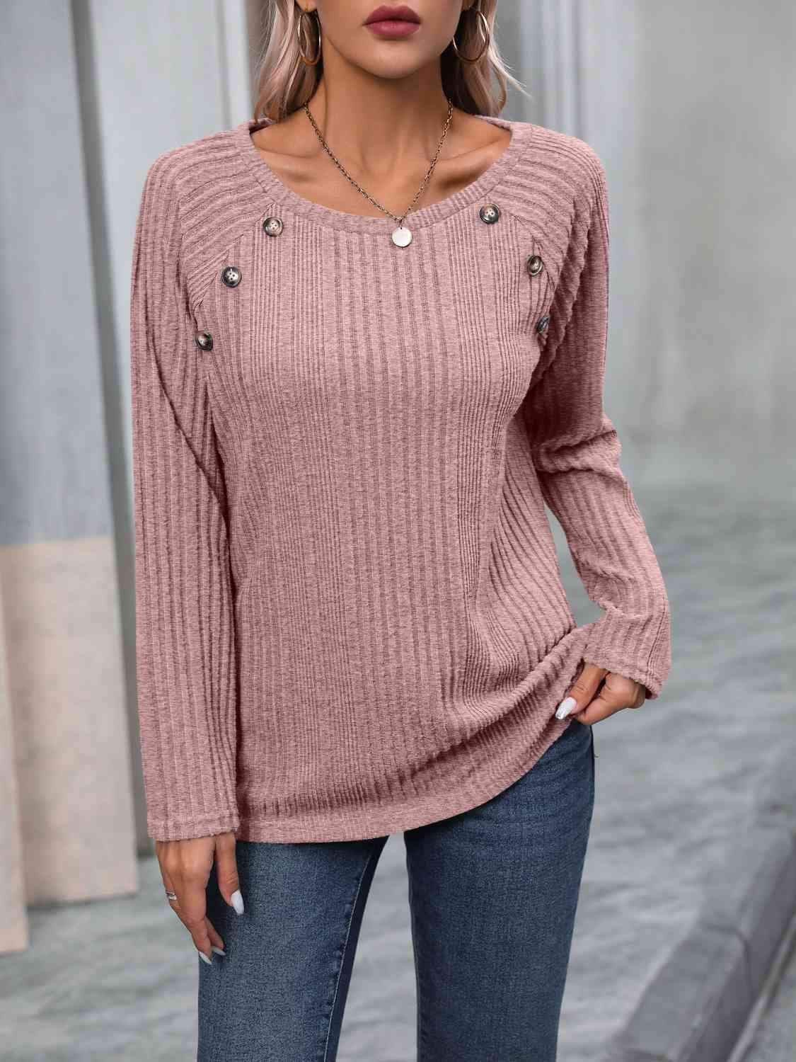 Ribbed Buttoned Round Neck Long Sleeve T-Shirt Women's T-Shirts - Tophatter Daily Deals