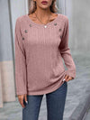 Ribbed Buttoned Round Neck Long Sleeve T-Shirt Women's T-Shirts - Tophatter Daily Deals