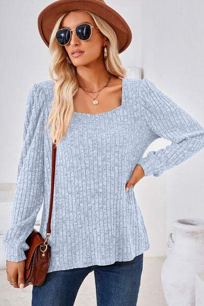 Ribbed Square Neck Long Sleeve T-Shirt Misty Blue Women's T-Shirts - Tophatter Daily Deals