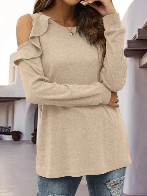 Round Neck Ruffled Cold-Shoulder Blouse Blouses - Tophatter Daily Deals