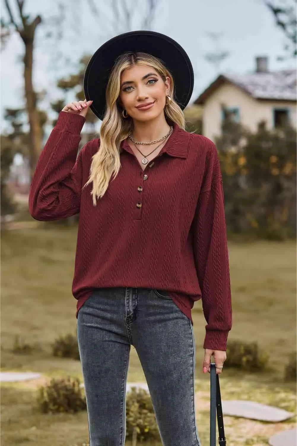 Collared Neck Long Sleeve Blouse Wine Blouses - Tophatter Daily Deals