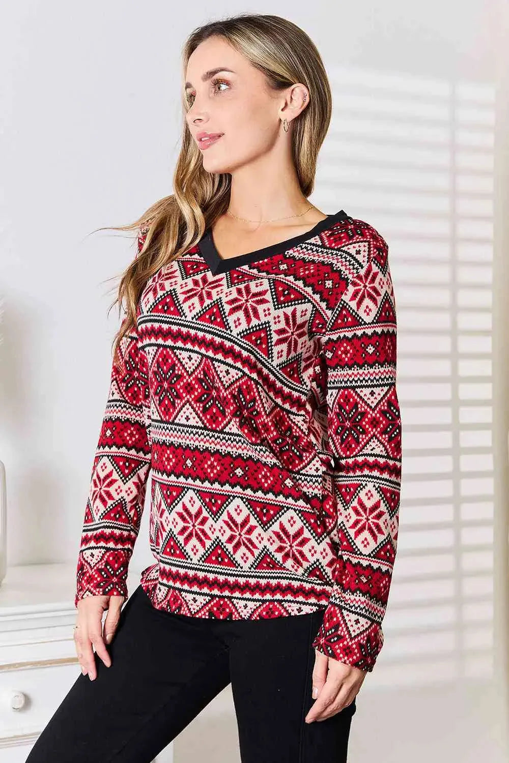 Heimish Full Size Snowflake Print Long Sleeve Top Blouses - Tophatter Daily Deals