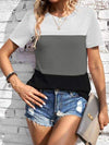 Color Block Round Neck Short Sleeve T-Shirt Black Women's T-Shirts - Tophatter Daily Deals