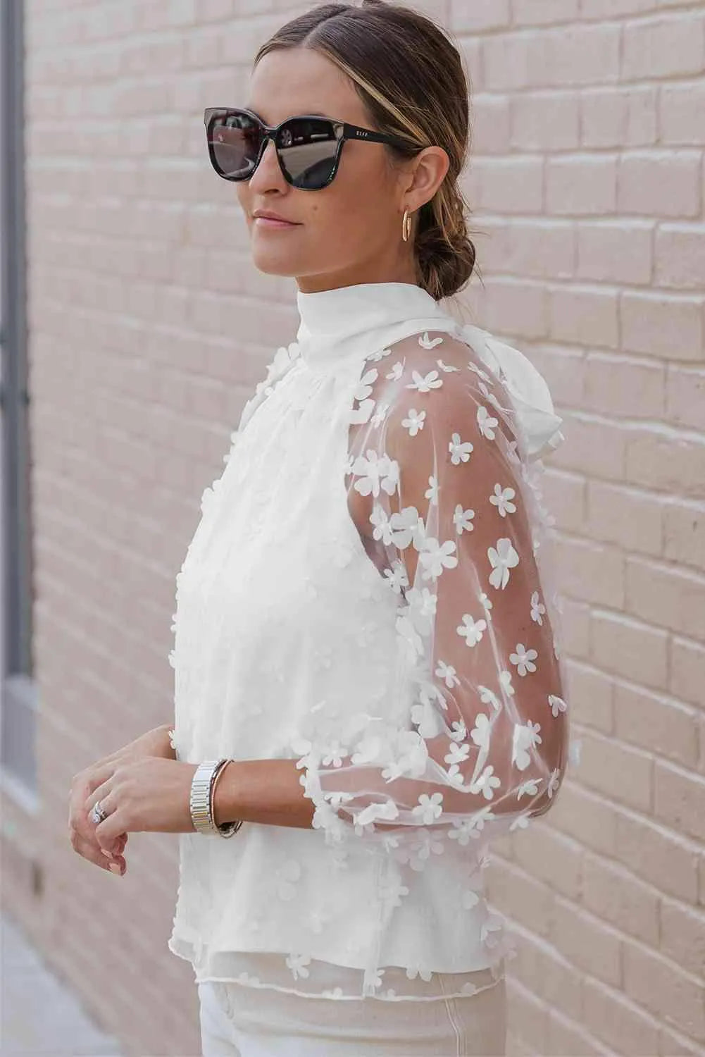 Mock Neck Long Sleeve Applique Blouse Blouses - Tophatter Daily Deals