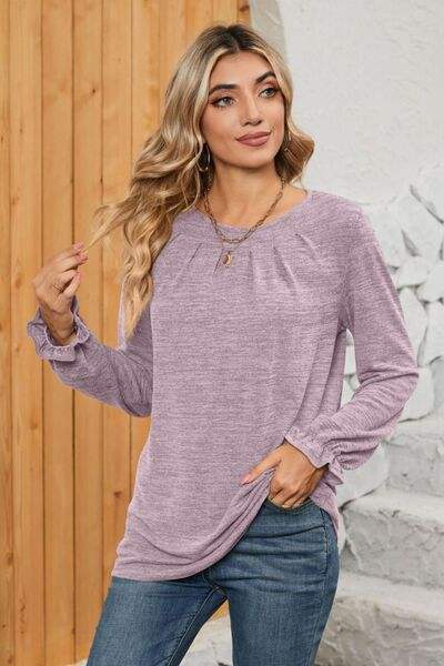 Ruched Round Neck Flounce Sleeve T-Shirt Women's T-Shirts - Tophatter Daily Deals