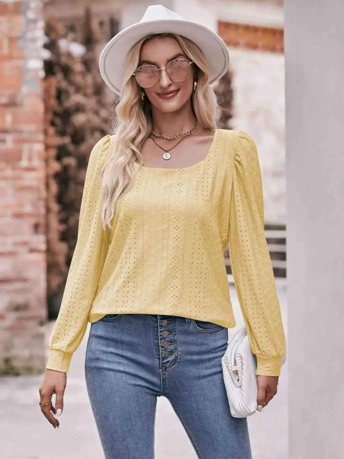 Double Take Eyelet Square Neck Puff Sleeve Blouse Butter Yellow Blouses - Tophatter Daily Deals