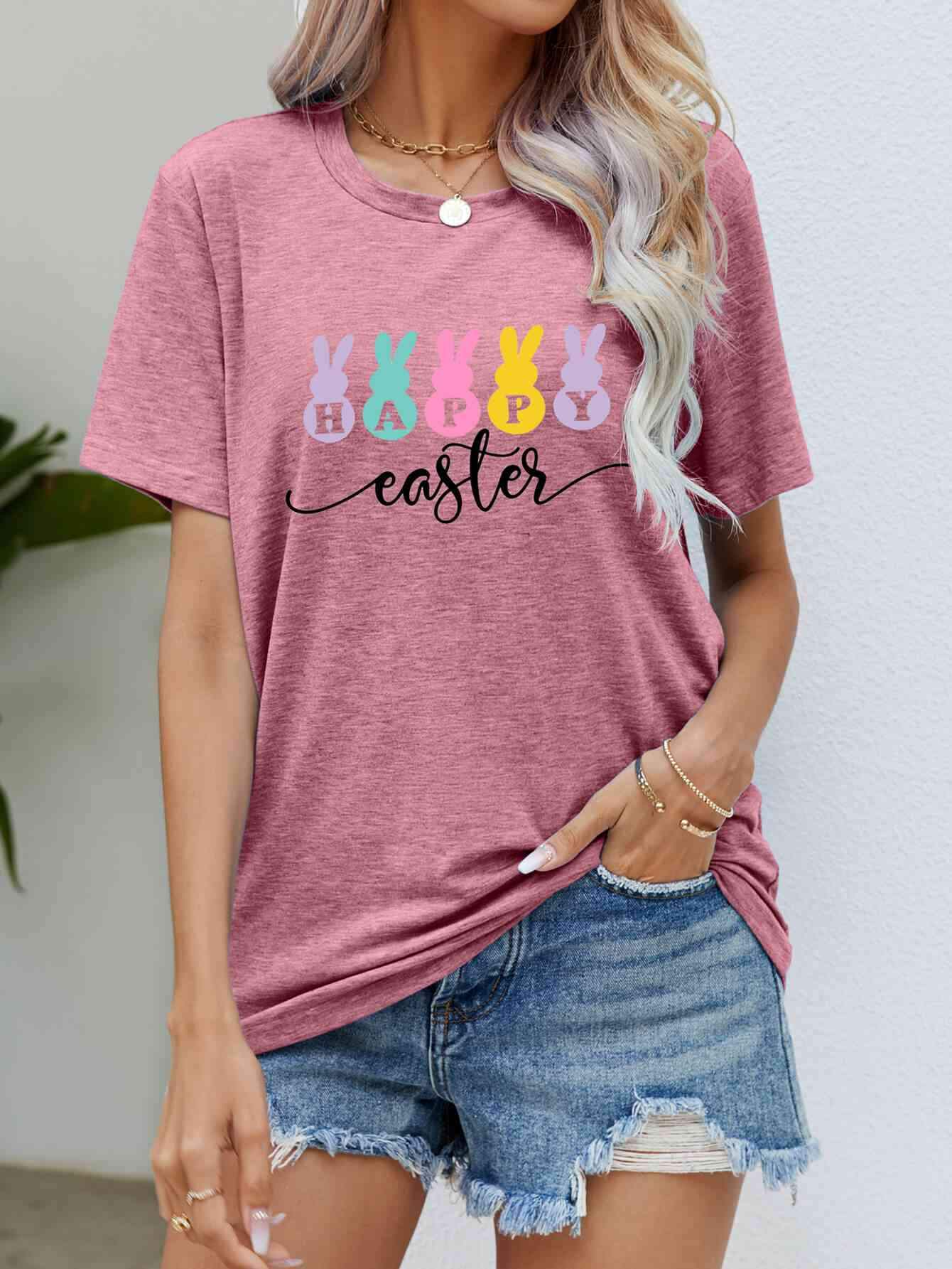 HAPPY EASTER Graphic Round Neck T-Shirt Rouge Pink Women's T-Shirts - Tophatter Daily Deals