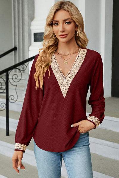 V-Neck Long Sleeve T-Shirt Wine Women's T-Shirts - Tophatter Daily Deals