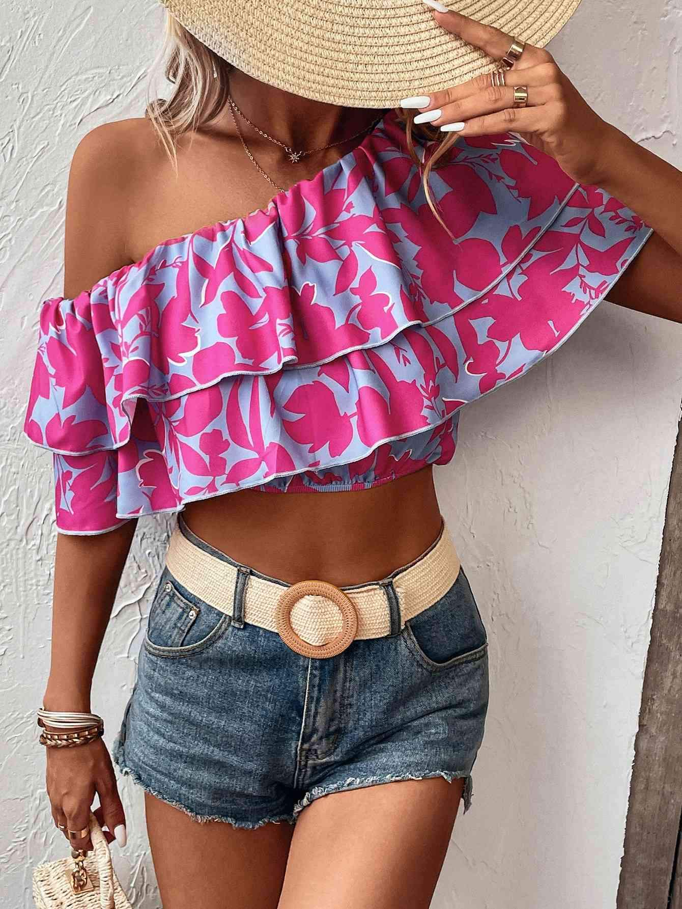 Layered One Shoulder Cropped Blouse Cerise Blouses - Tophatter Daily Deals