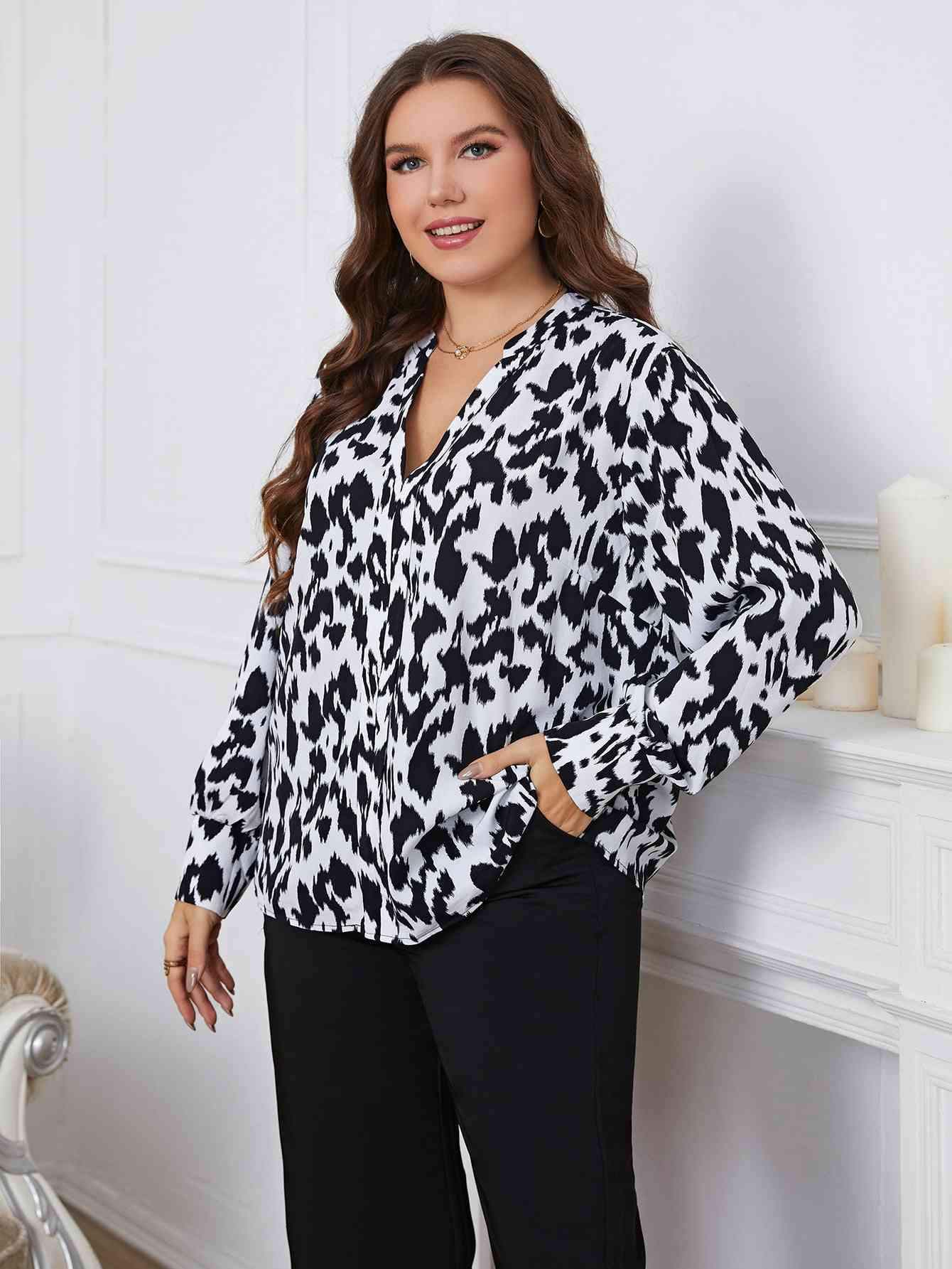 Melo Apparel Plus Size Printed Long Sleeve V-Neck Blouse Blouses - Tophatter Daily Deals